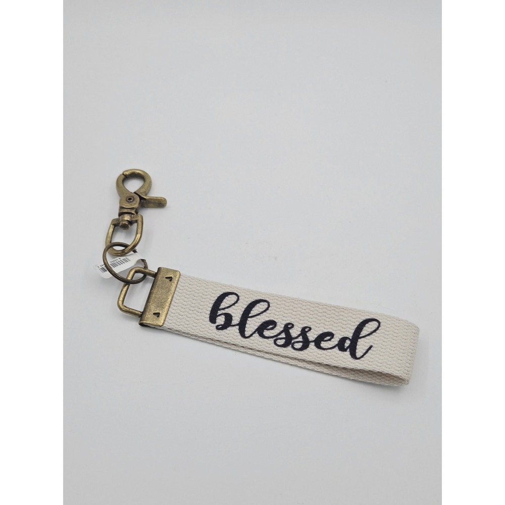 Altar'd State Blessed Canvas Wristlet Keychain Antique Brass Clasp Cream Black